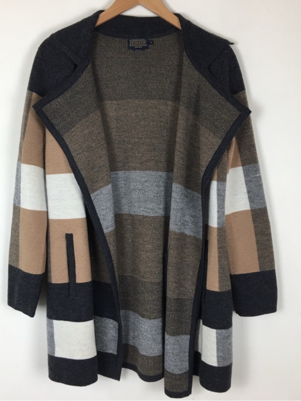 PENDLETON Open Front Color-block Wool Sweater Med